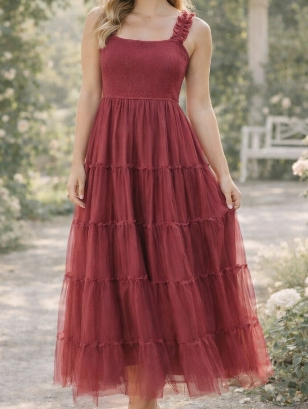 PrettyGarden Scarlet Tulle Midi Dress Medium Layered Mesh Romantic Fit & Flare